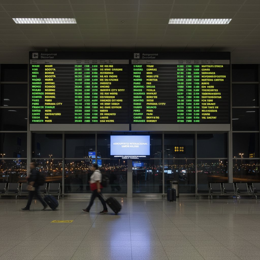 Departure board showing fluctuating flights to Caracas
