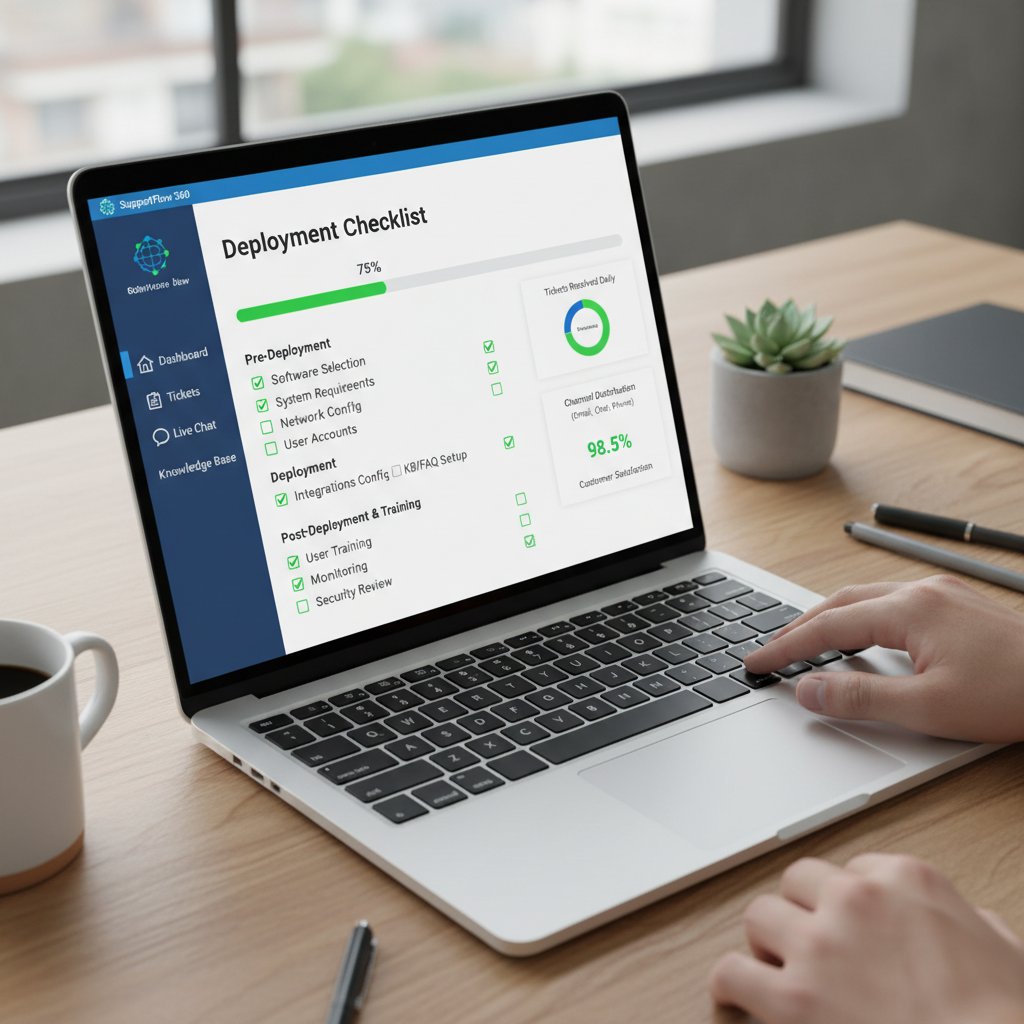 Zespół analizujący checklist wdrożenia aplikacji do obsługi klienta na laptopie