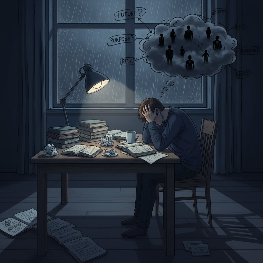 Osoba przy stole analizująca kartki z dylematami i decyzjami zawodowymi