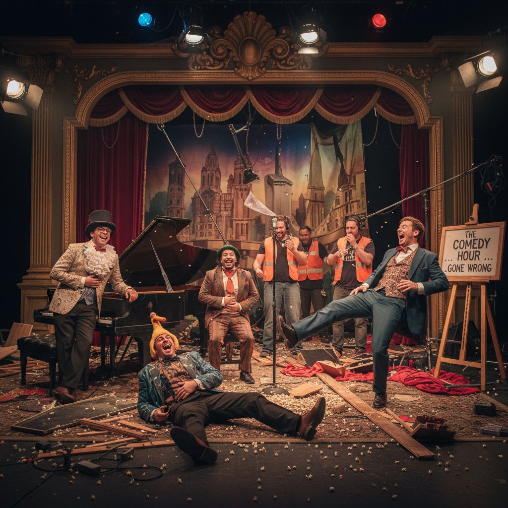 Derailed film set with comedians laughing and chaos on stage