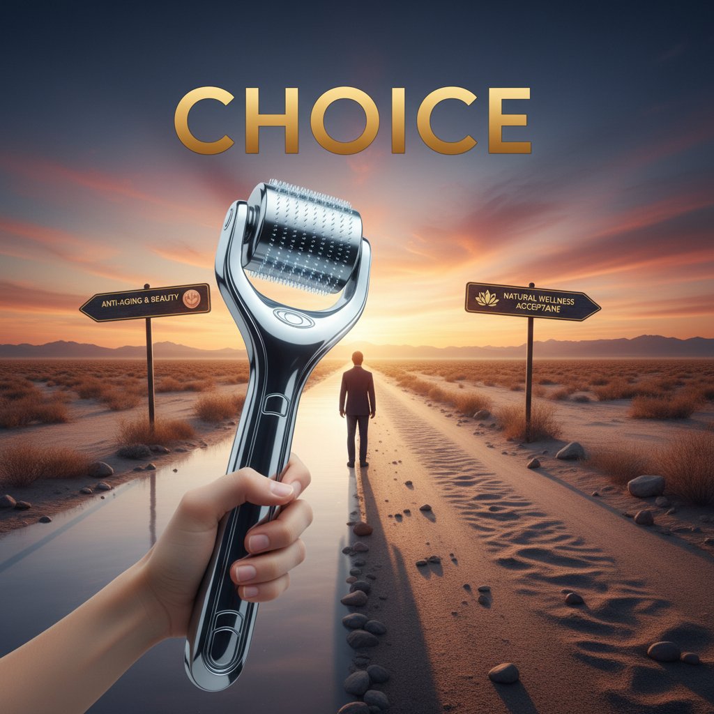 Wybór i refleksja na temat dermarollera – dłoń z dermarollerem na tle rozstaju dróg