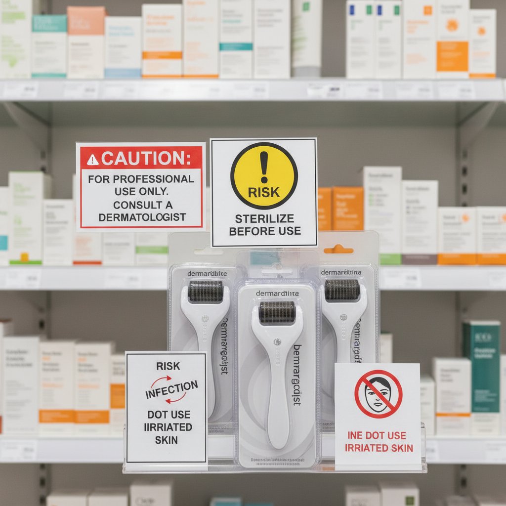 Ostrzeżenie przy sprzedaży dermarollerów w aptece – produkt na półce obok znaków ostrzegawczych