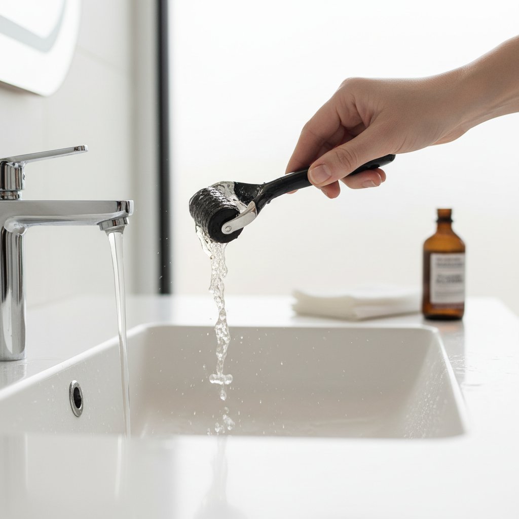 Instrukcja dezynfekcji dermarollera krok po kroku, widoczne narzędzia i czyste powierzchnie