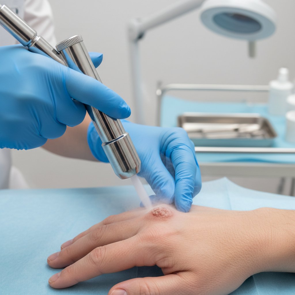 Dermatolog wykonujący krioterapię na dłoni pacjenta, widoczne medyczne narzędzia