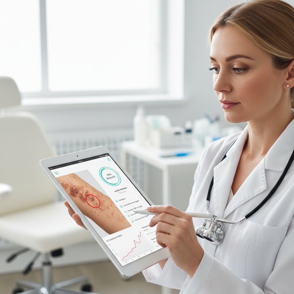 Dermatolog pracujący z aplikacją mobilną analizującą zdjęcia skóry pacjenta