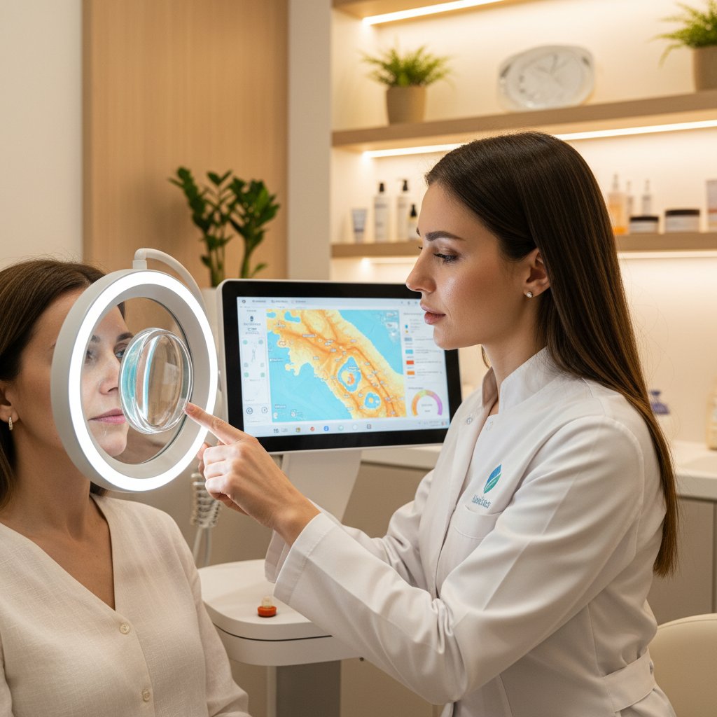 Zdjęcie dermatologa analizującego skórę pacjenta przez dermatoskop