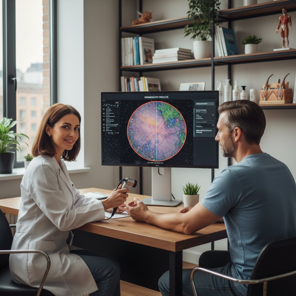 Gabinet dermatologiczny, specjalista konsultuje wyniki dermoskopii z pacjentem