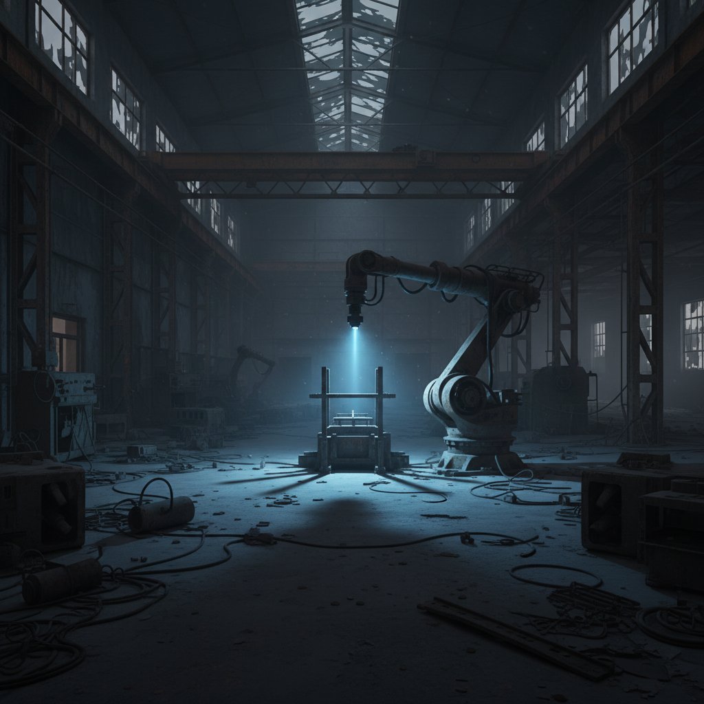 Opuszczona hala fabryczna z jednym pracującym robotem, niebieskie światło, społeczne koszty robotyzacji