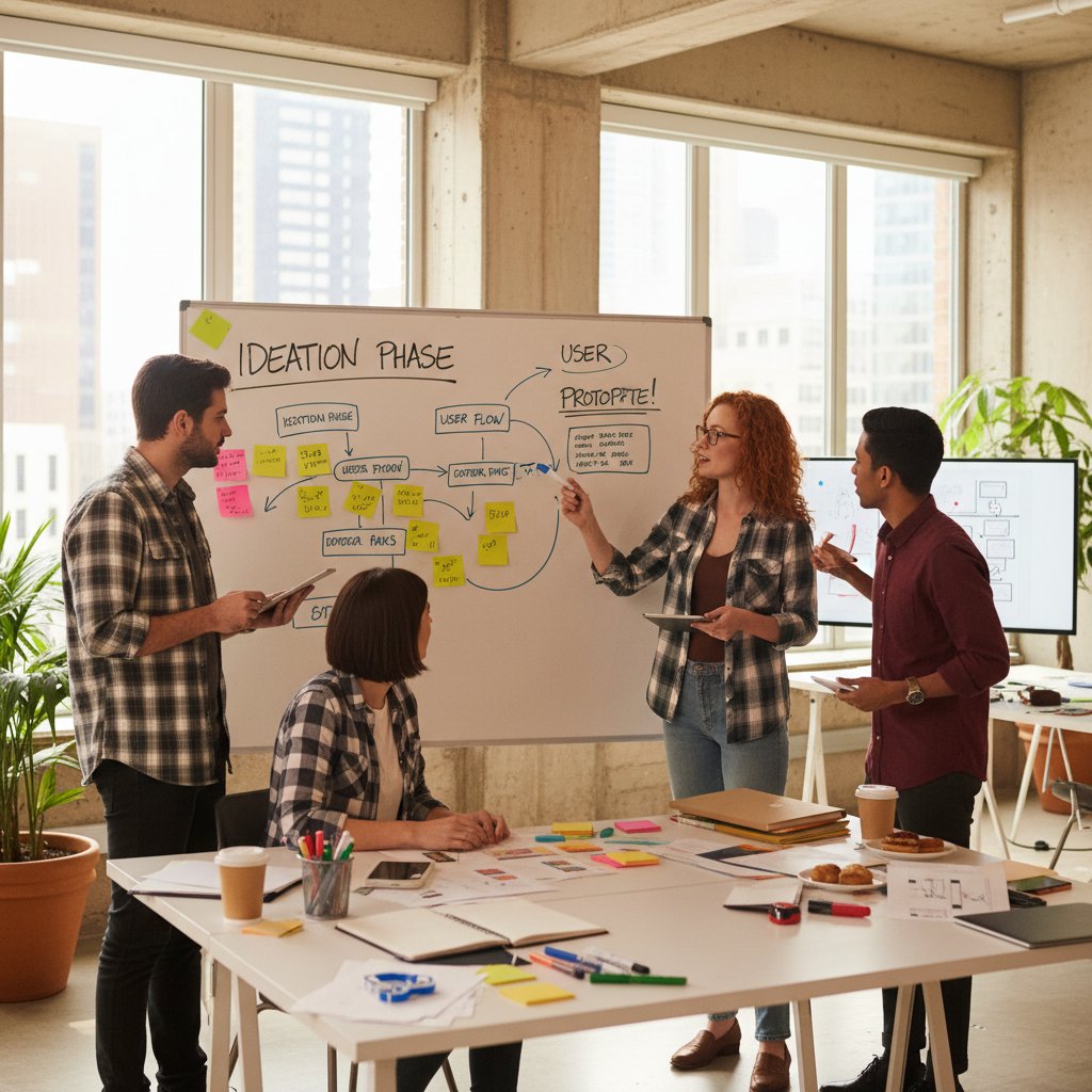 Zespół pracuje przy białej tablicy, kolorowe karteczki, prototypowanie, intensywna burza pomysłów
