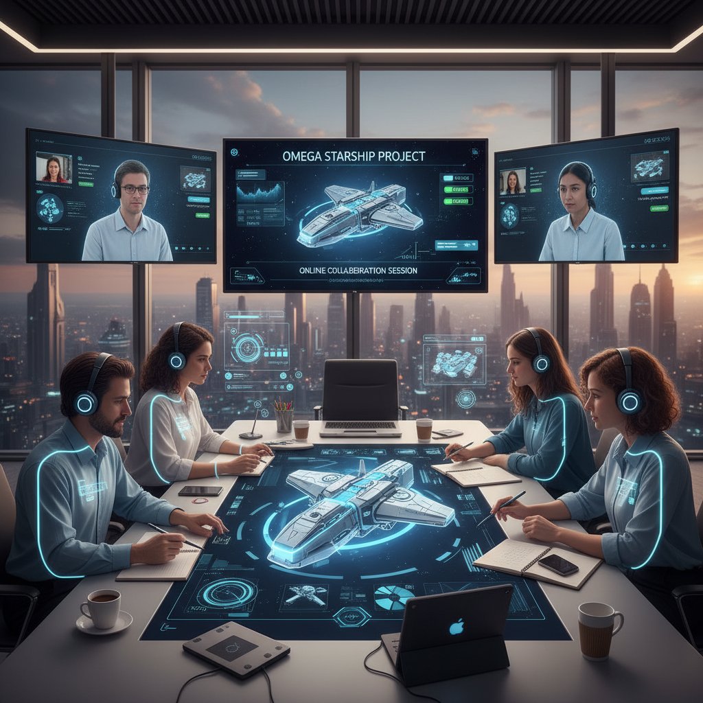 Zespół projektowy współpracujący nad modelem 3D online przy stole konferencyjnym