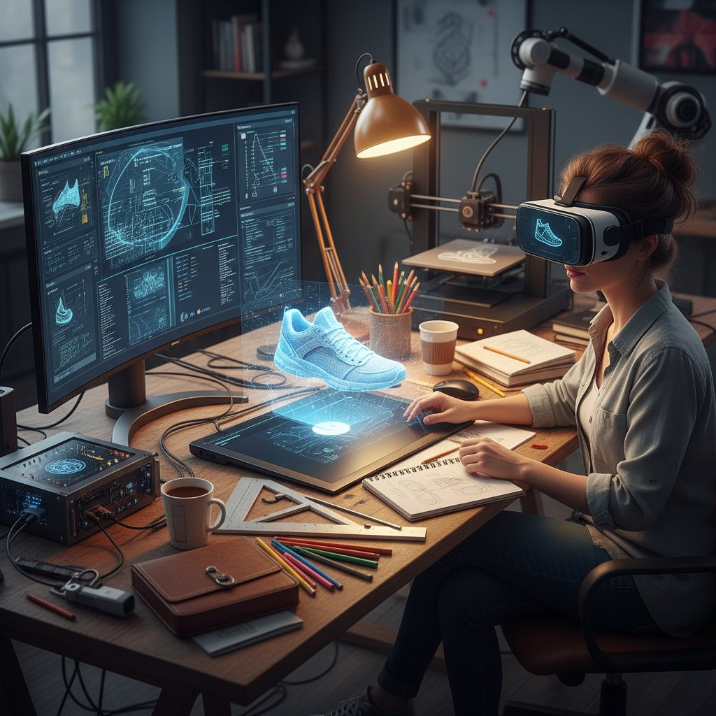 Projektant korzystający z kilku narzędzi AI i klasycznych w jednym workspace, atmosfera synergii narzędzi