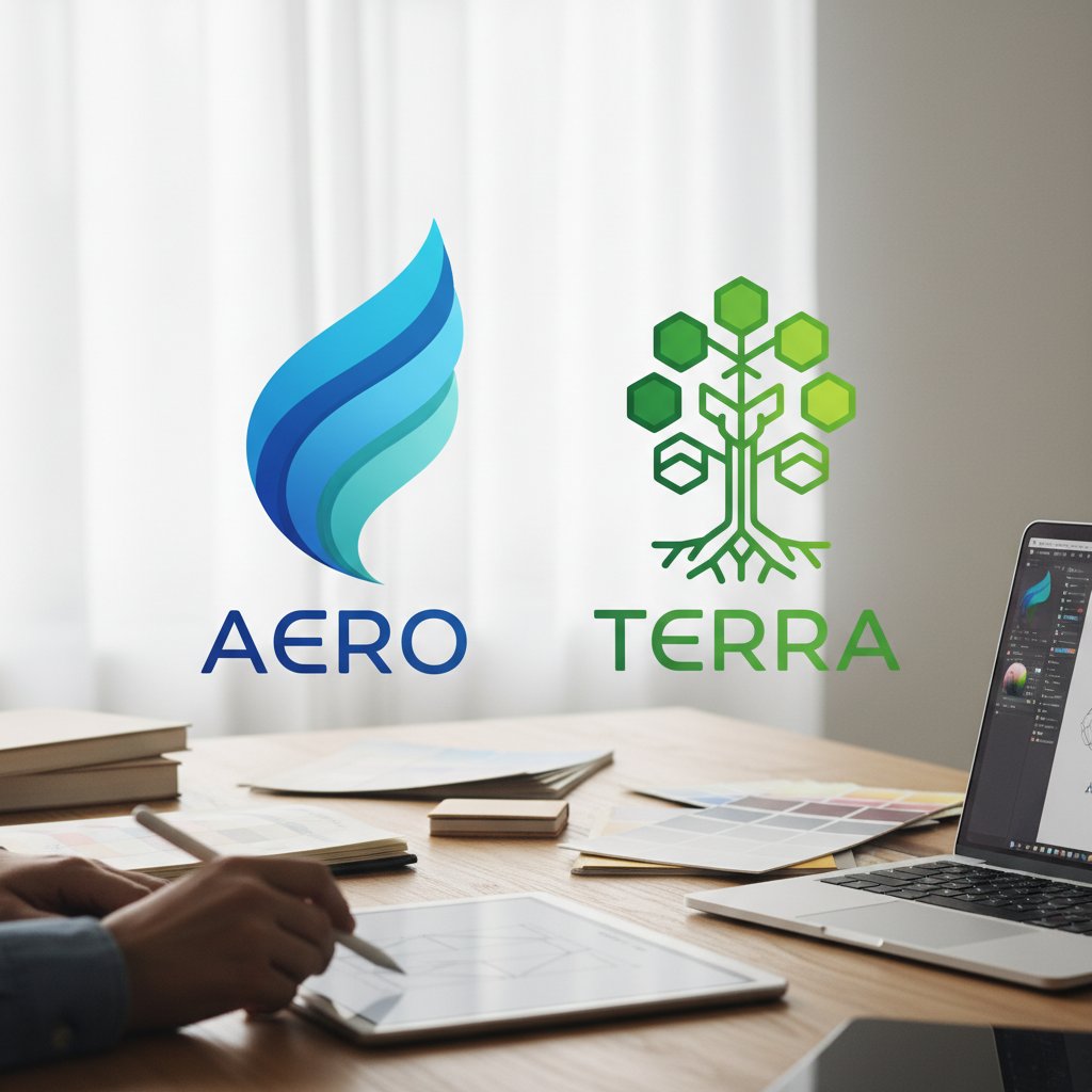 Projektant analizujący logo w odcieniach niebieskiego i zielonego – porównanie efektu