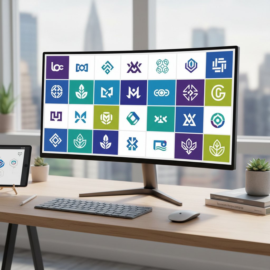 Projektant przeglądający szablony logo na ekranie monitora, widoczne powtarzające się motywy graficzne