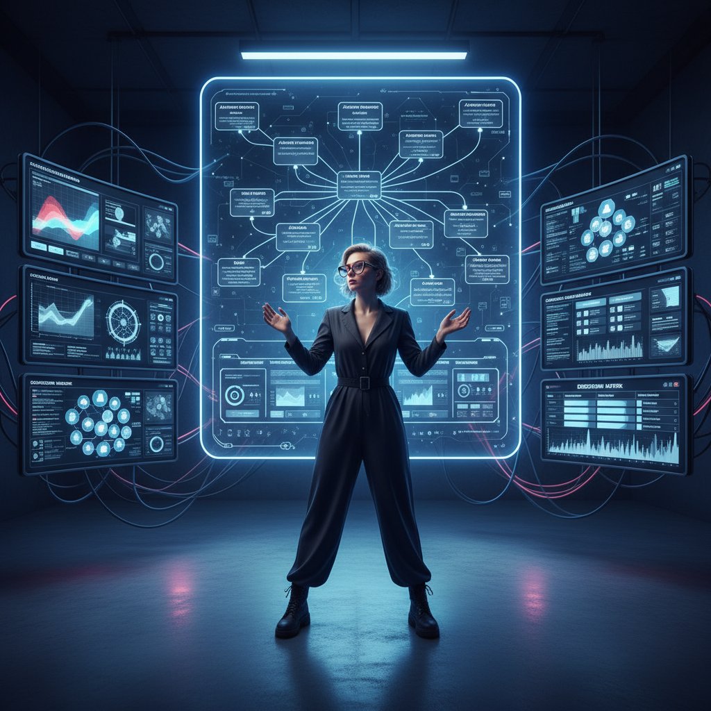 Projektant wśród kilku ekranów z różnymi narzędziami do automatyzacji projektowania, atmosfera wyzwań i wyboru