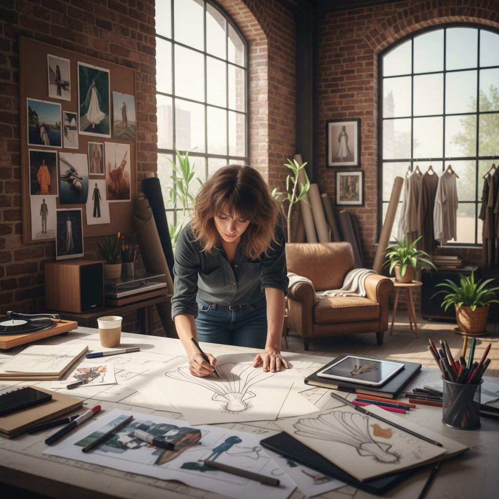 Projektant szkicujący projekt w studio pełnym inspirujących elementów