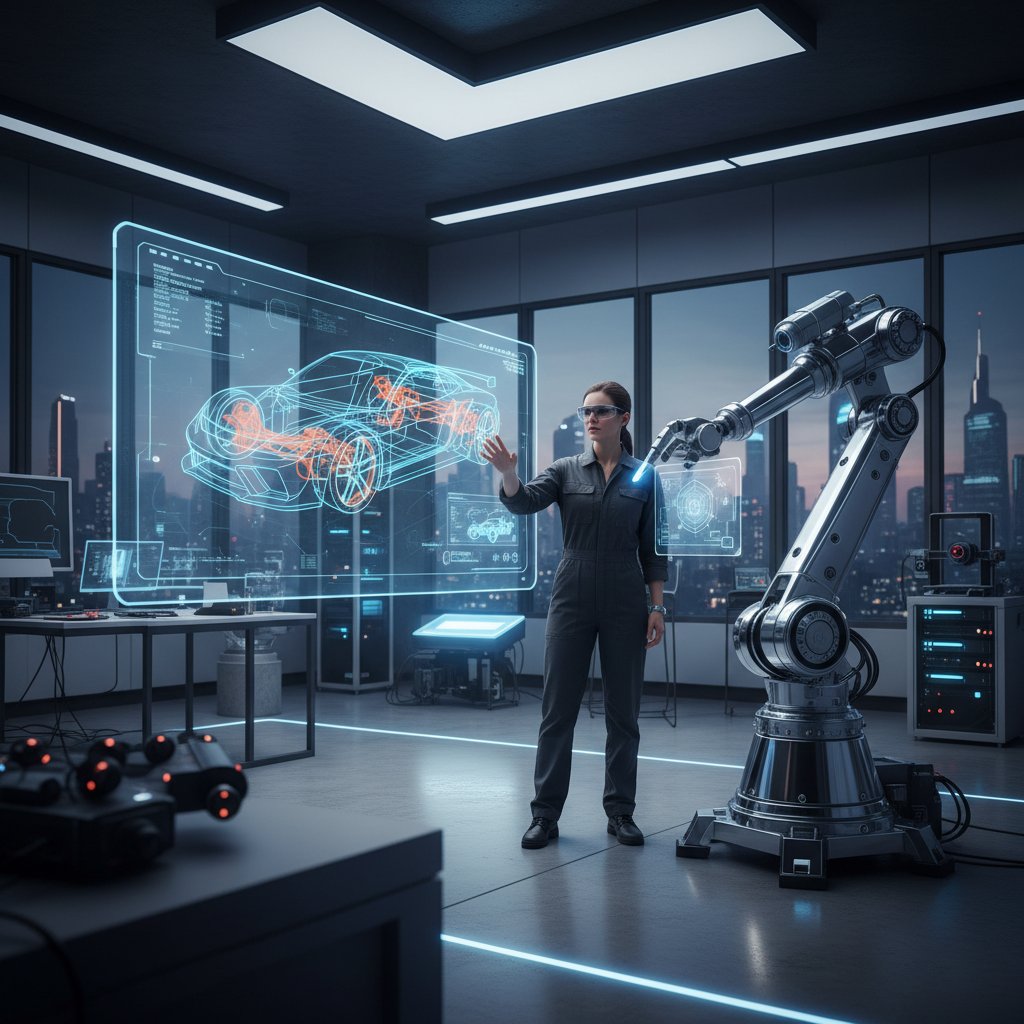 Projektant i robot współpracujący nad cyfrowym modelem w nowoczesnym biurze CAD