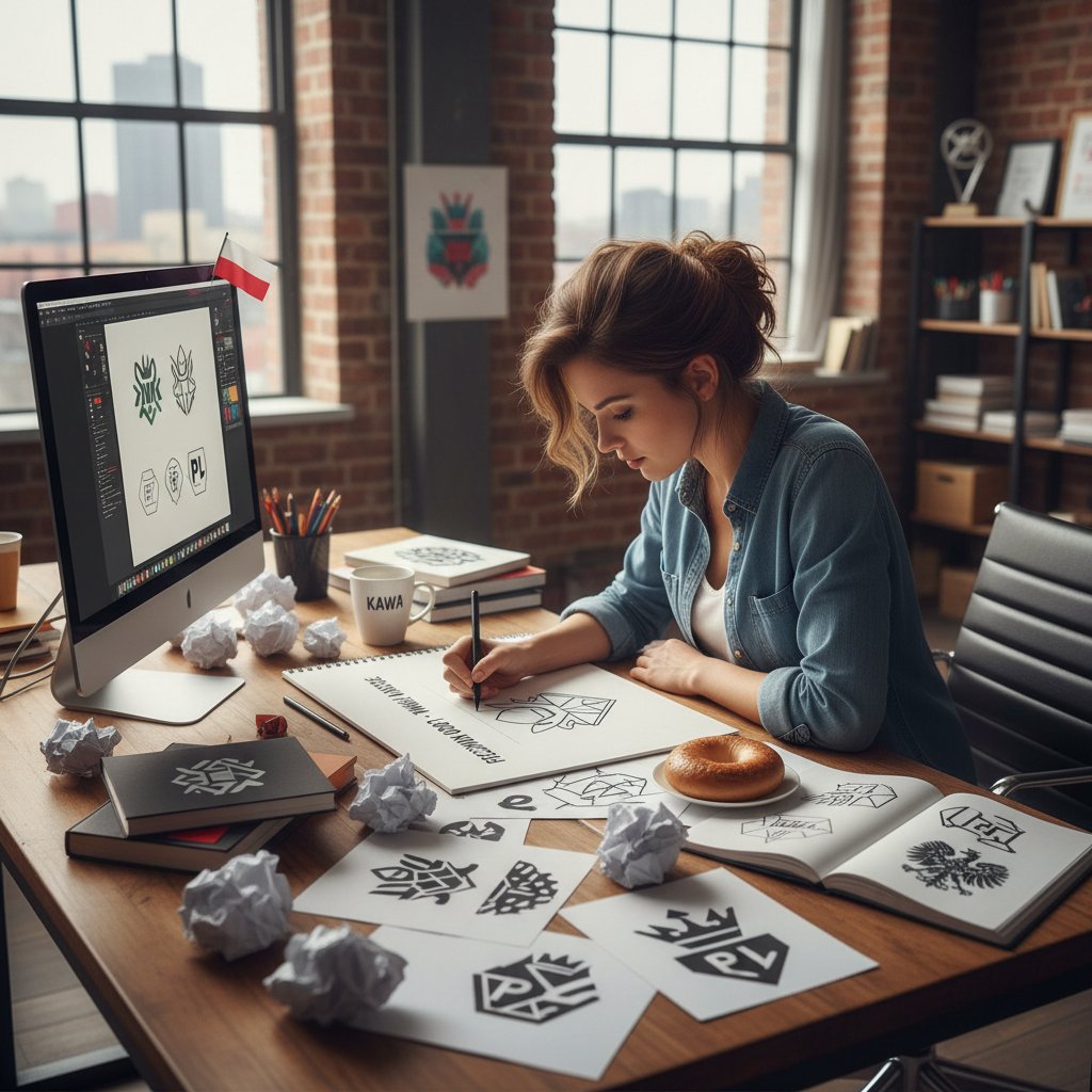 Projektant przy biurku szkicujący różne warianty logo dla polskiej firmy