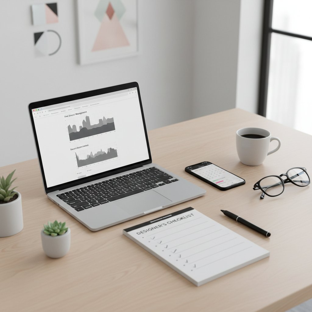 Checklista projektanta na biurku obok laptopa i smartfona, nowoczesne narzędzia, planowanie pracy
