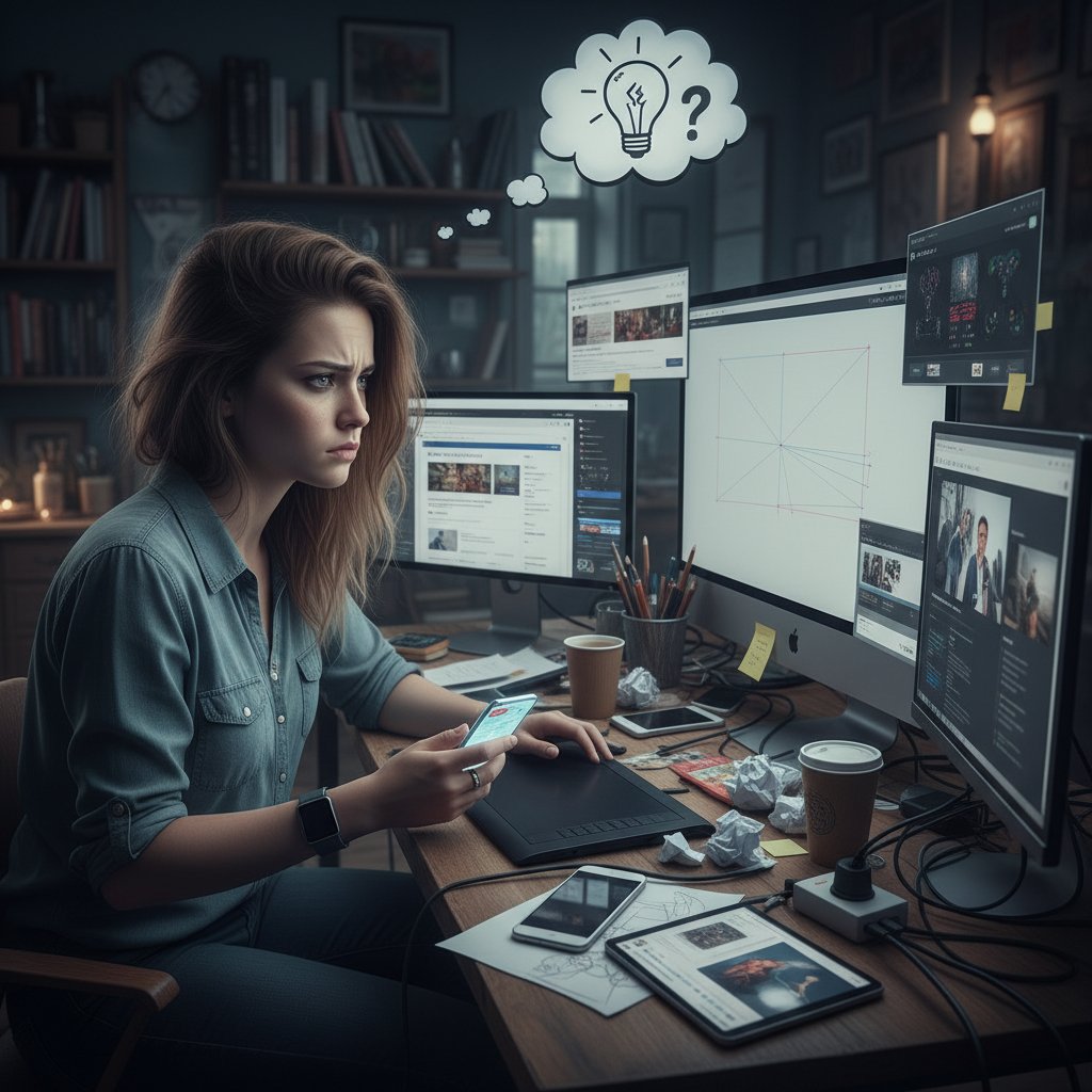 Projektant przy biurku z wieloma urządzeniami, rozproszona uwaga, multitasking w projektowaniu