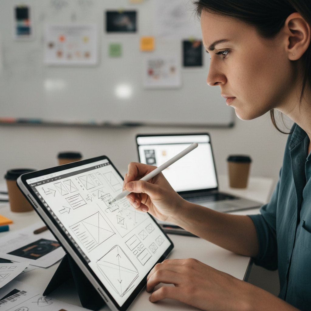 Focused designer sketching wireframes rapidly on a digital tablet for online product prototyping