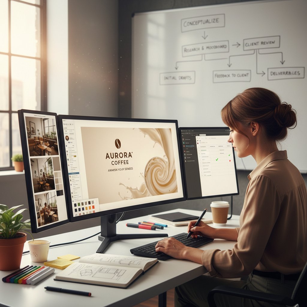 Projektant na różnych etapach pracy nad grafiką reklamową