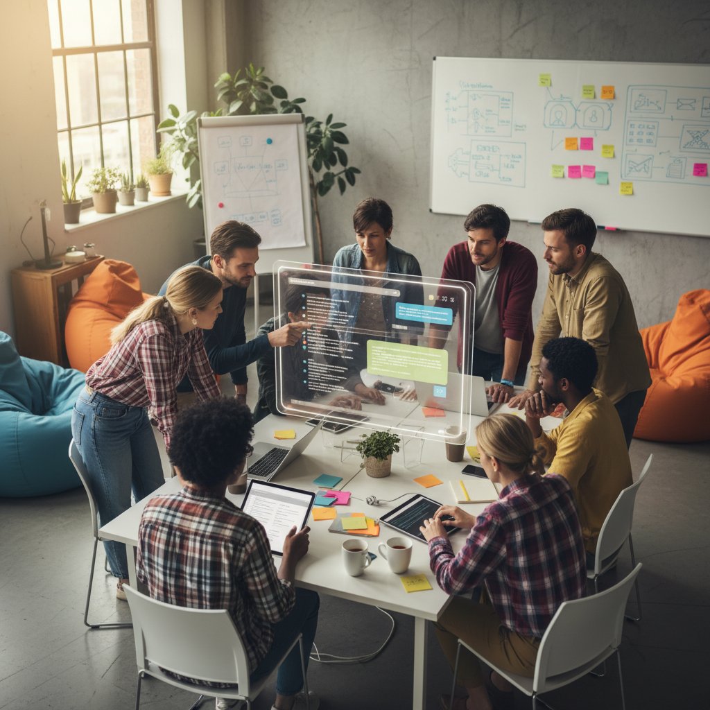 Zespół projektantów testujących czatbota AI z osobami o różnych możliwościach