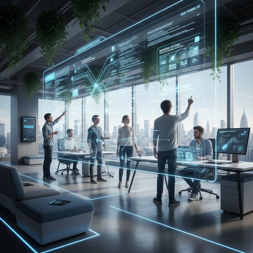 Osoba projektująca scenariusz testowy na interaktywnym ekranie w nowoczesnym biurze