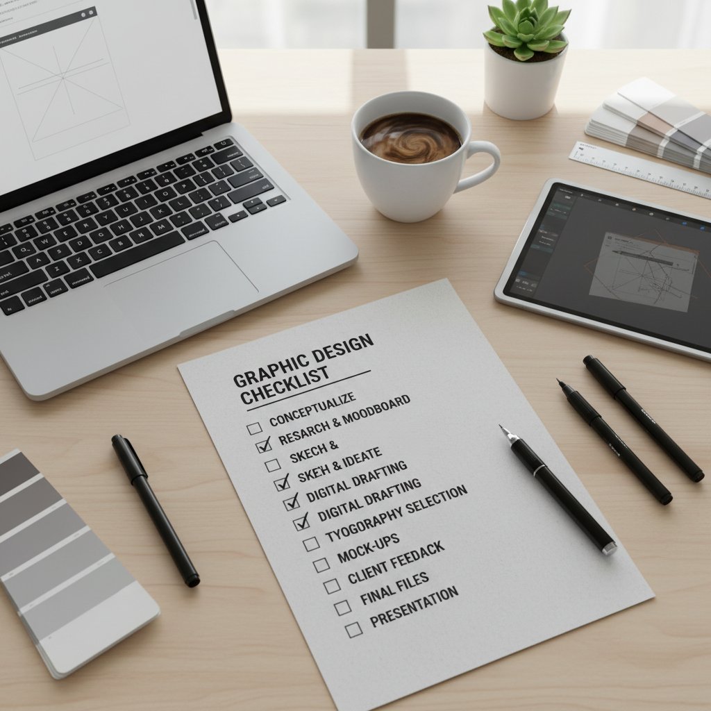 Przygotowana checklista na biurku obok laptopa i kawy, symbolizująca profesjonalne podejście do projektowania grafiki bez grafika; słowa kluczowe: projektowanie, checklista, narzędzia graficzne, workspace