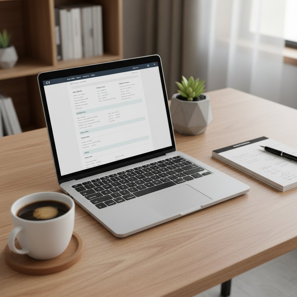 Stół z laptopem, na ekranie wyświetlone CV po angielsku, obok notatnik i filiżanka kawy