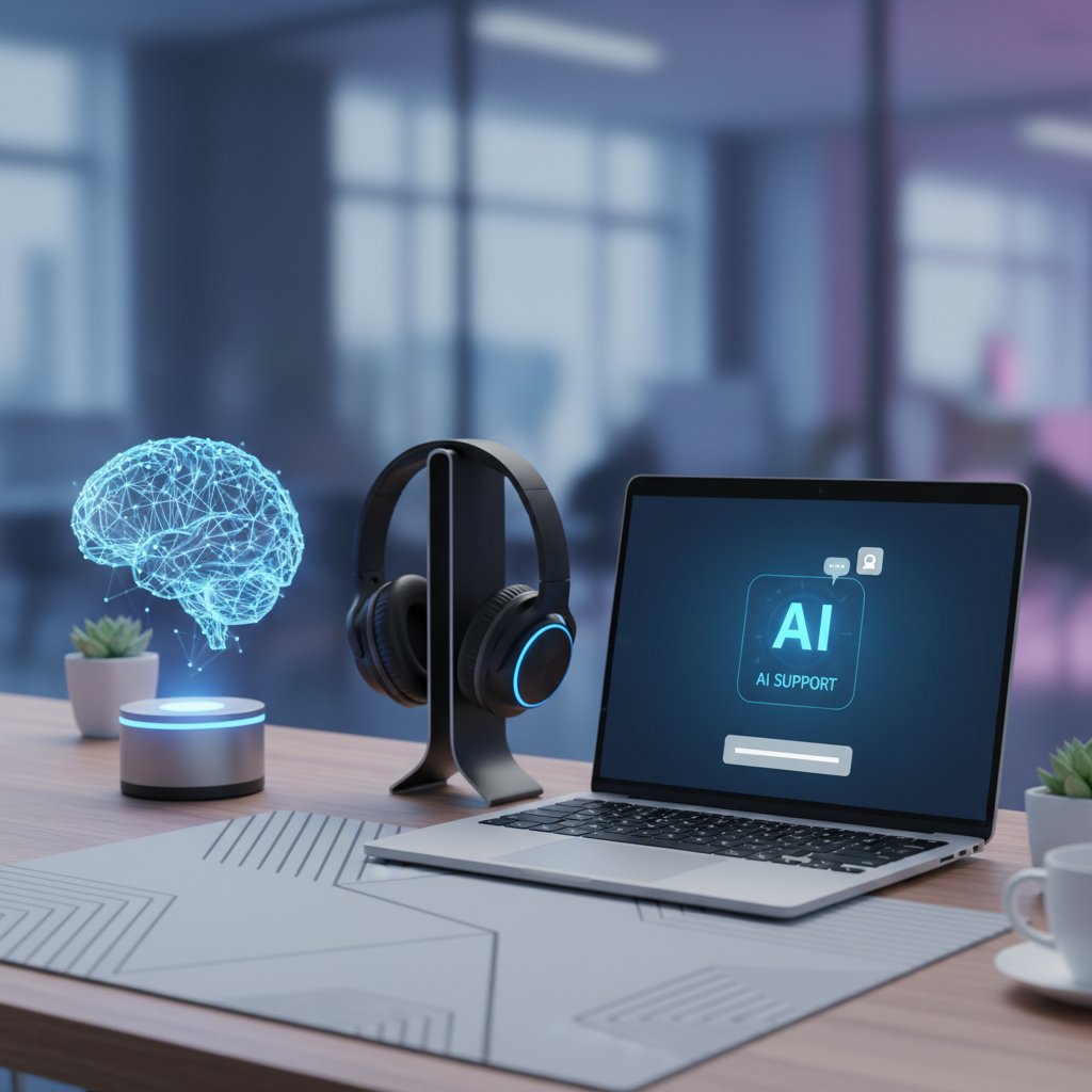 Technologiczne biurko z laptopem, słuchawkami i notatnikiem, symbolizujące wsparcie AI