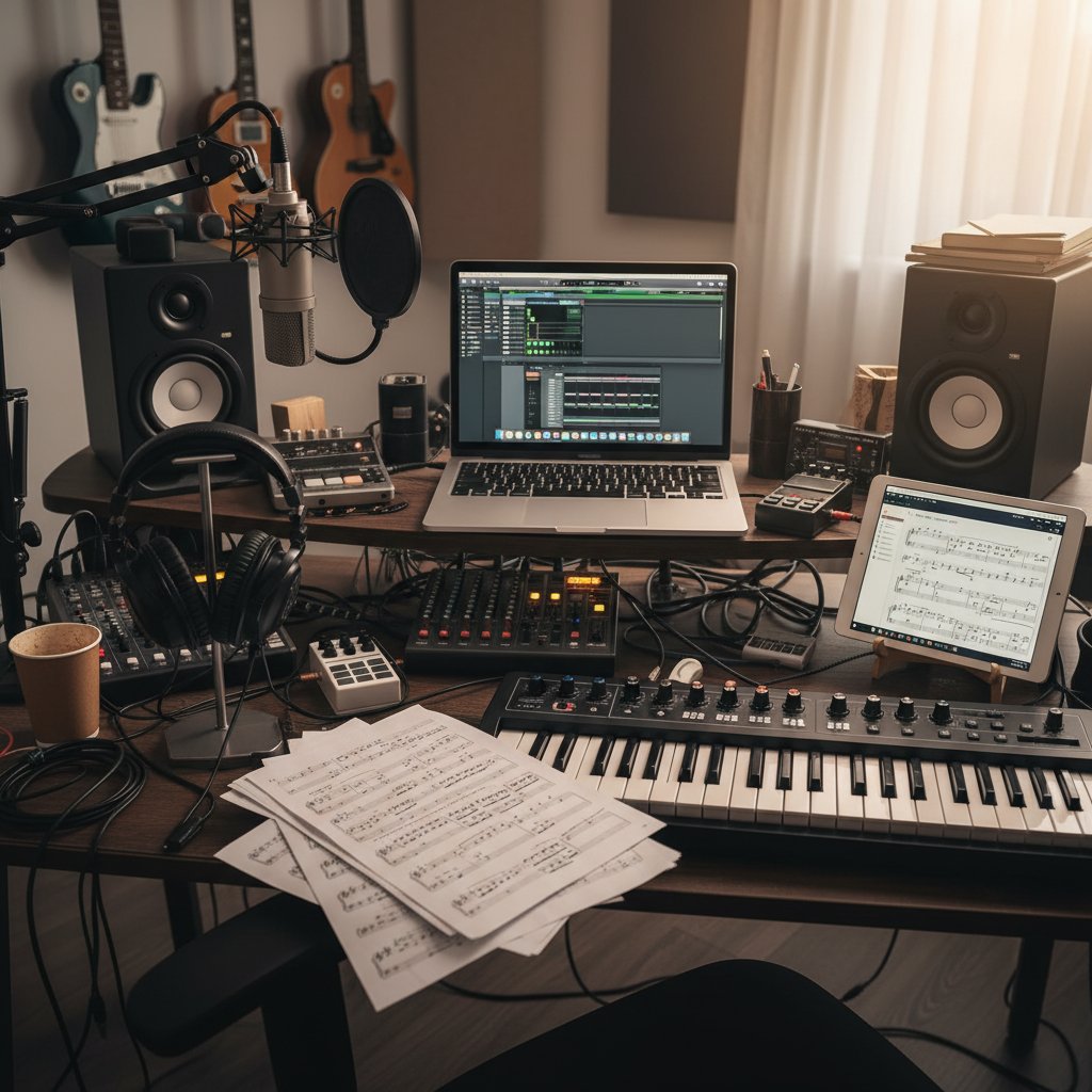 Zbliżenie na biurko muzyka: laptop, mikrofon, słuchawki, nuty, tablet z aplikacją do ćwiczeń