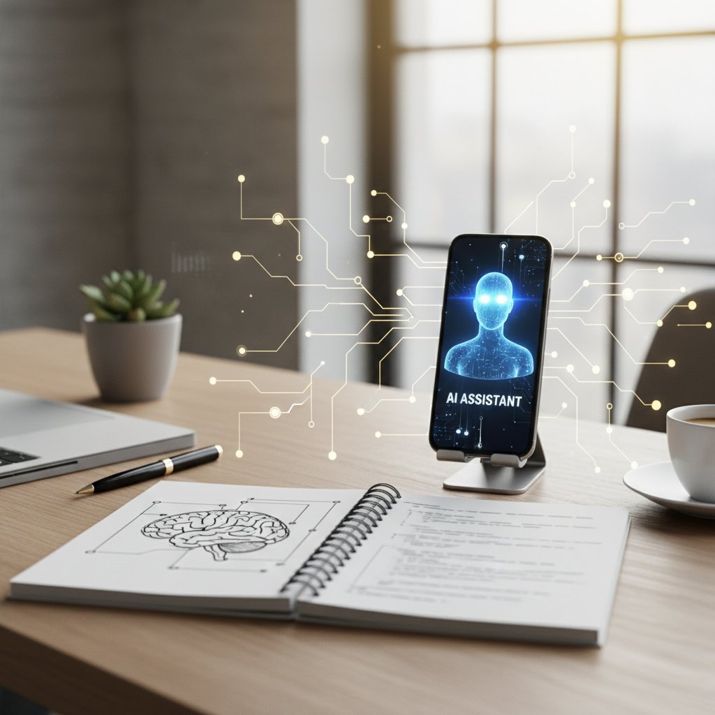 Biurko z notatnikiem, smartfonem i asystentem AI – narzędzia do inwestowania w siebie