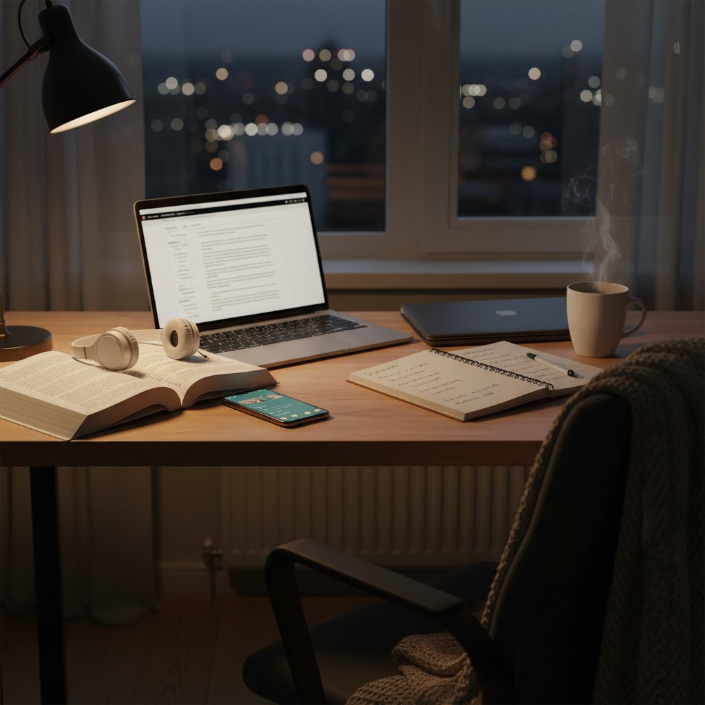 Zbliżenie na stół z telefonem, książką, laptopem, słuchawkami i zeszytem do nauki angielskiego, dynamiczne światło, wieczorna nauka