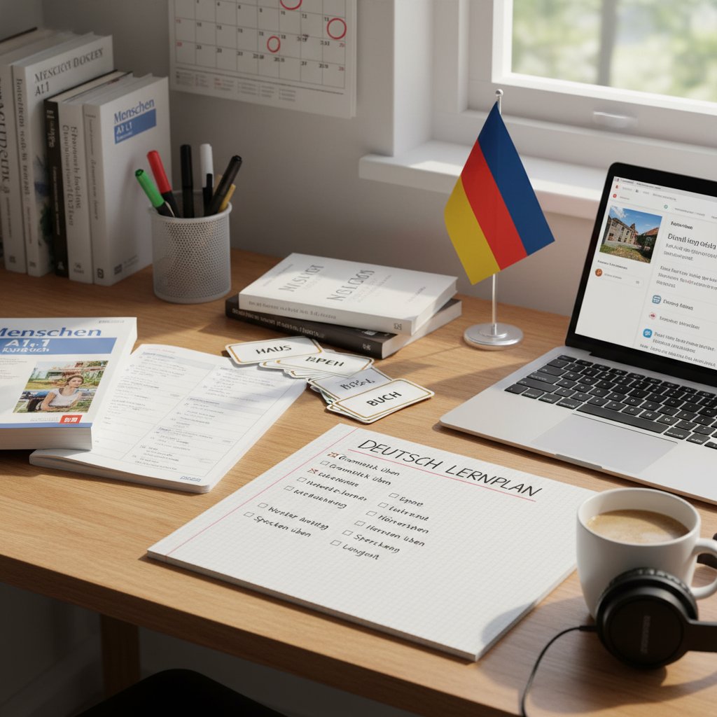 Zdjęcie biurka z planem nauki i materiałami do nauki niemieckiego