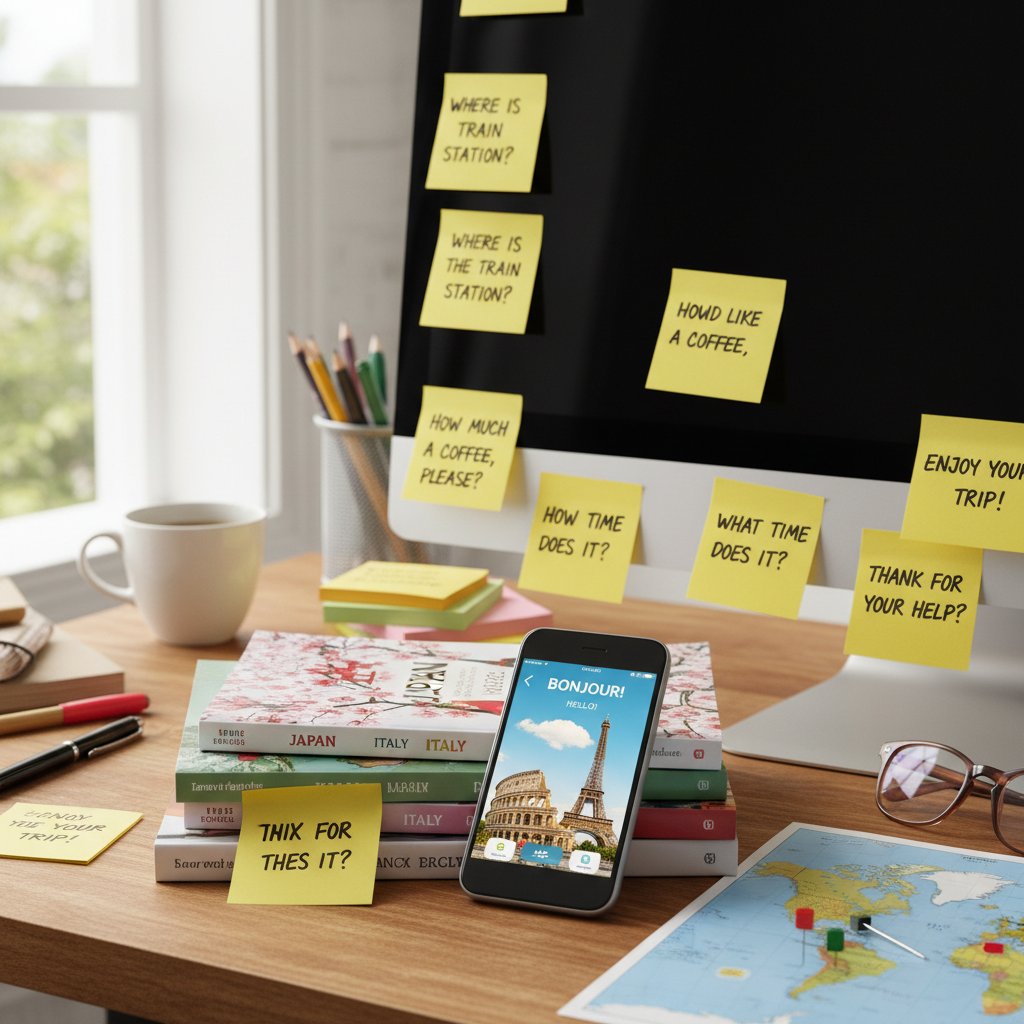 Biurko z przewodnikami, smartfonem i karteczkami z angielskimi zwrotami