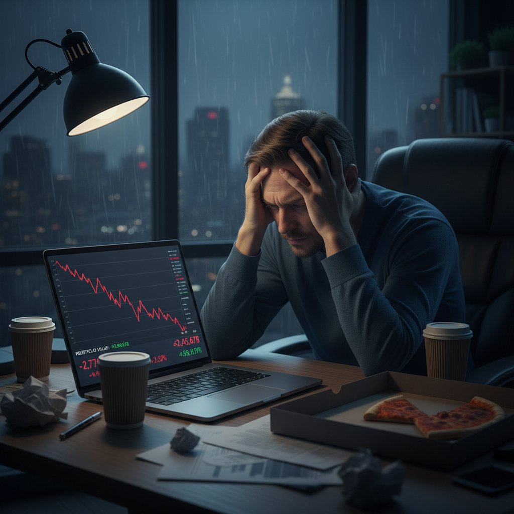 Zrozpaczony inwestor patrzący na gwałtowny spadek wartości portfela na ekranie laptopa