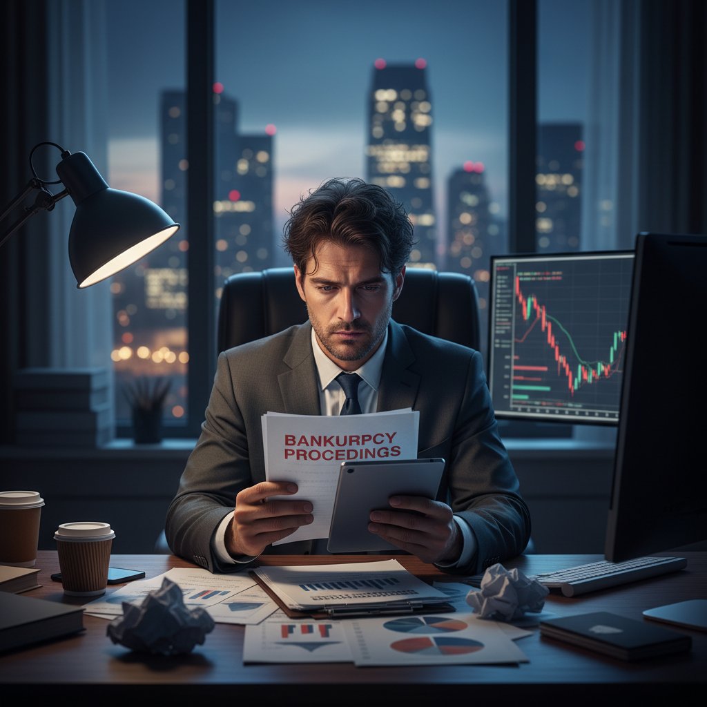 Zrozpaczony inwestor w pustym pokoju, dokumenty finansowe na stole, wieczór