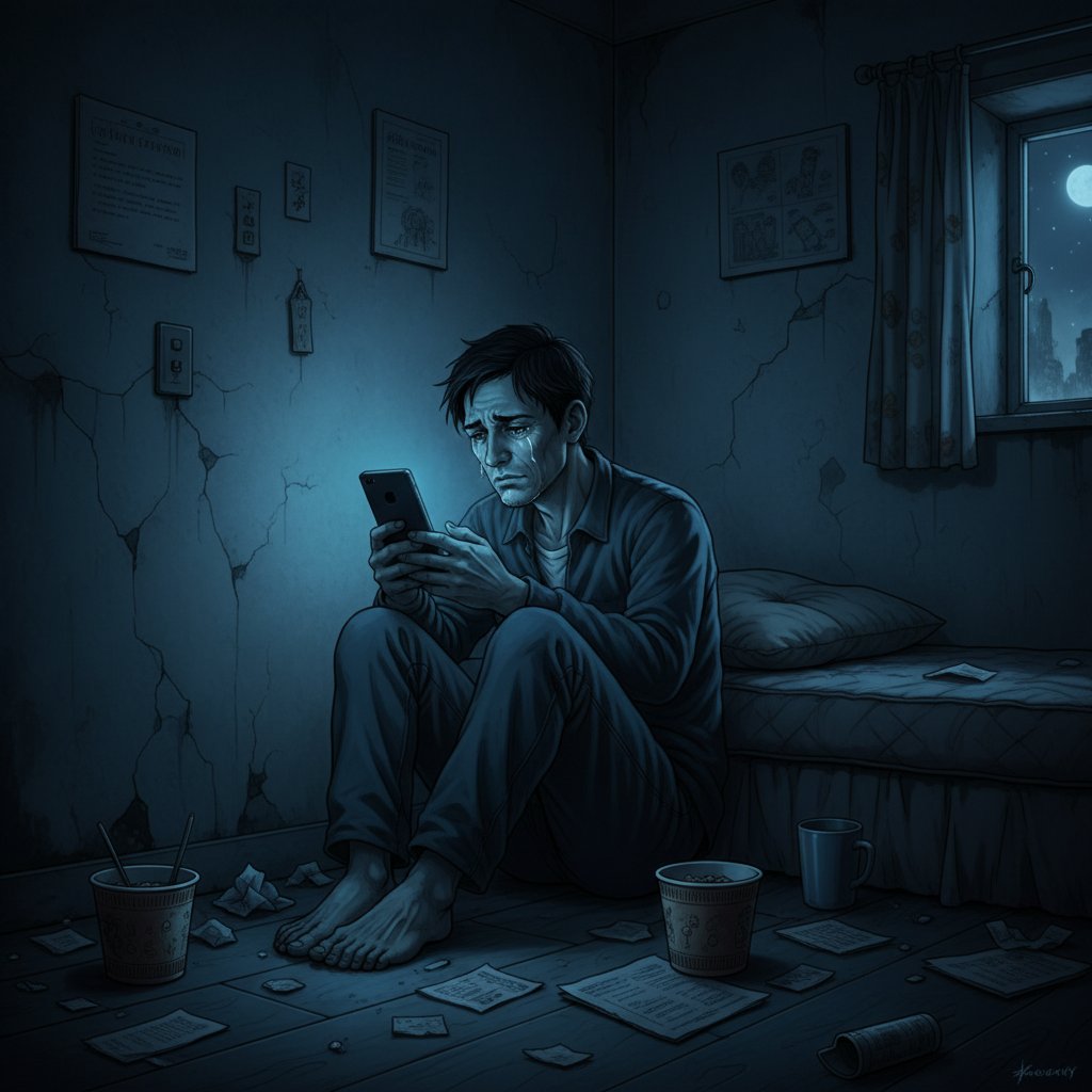 Person sucht verzweifelt nach Antworten am Handy, dunkle Atmosphäre, Symbolbild für digitale Abhängigkeit