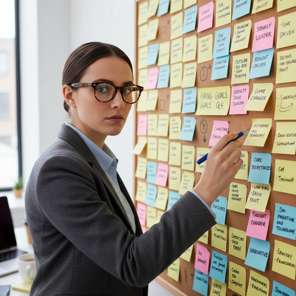 Editorial photo of a bulletin board with sticky notes labeled 'detail oriented', showing the phrase’s evolution as a hiring buzzword