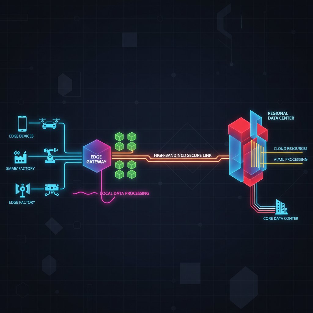 Architektura edge computing od urządzeń do centrum danych z neonowymi akcentami