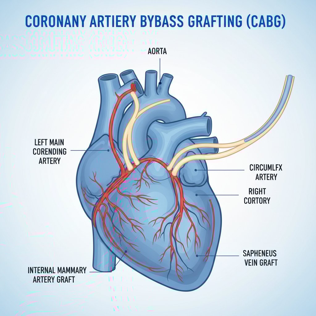 Schemat zabiegu CABG – serce podczas operacji z widocznymi przeszczepionymi naczyniami i techniką chirurgiczną