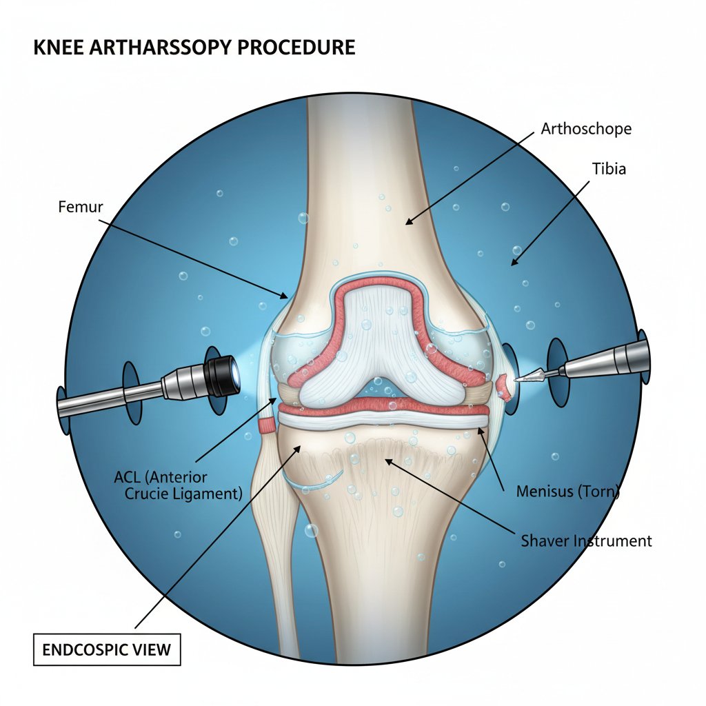 Schematyczny rysunek artroskopii kolana z widoczną kamerą i narzędziami
