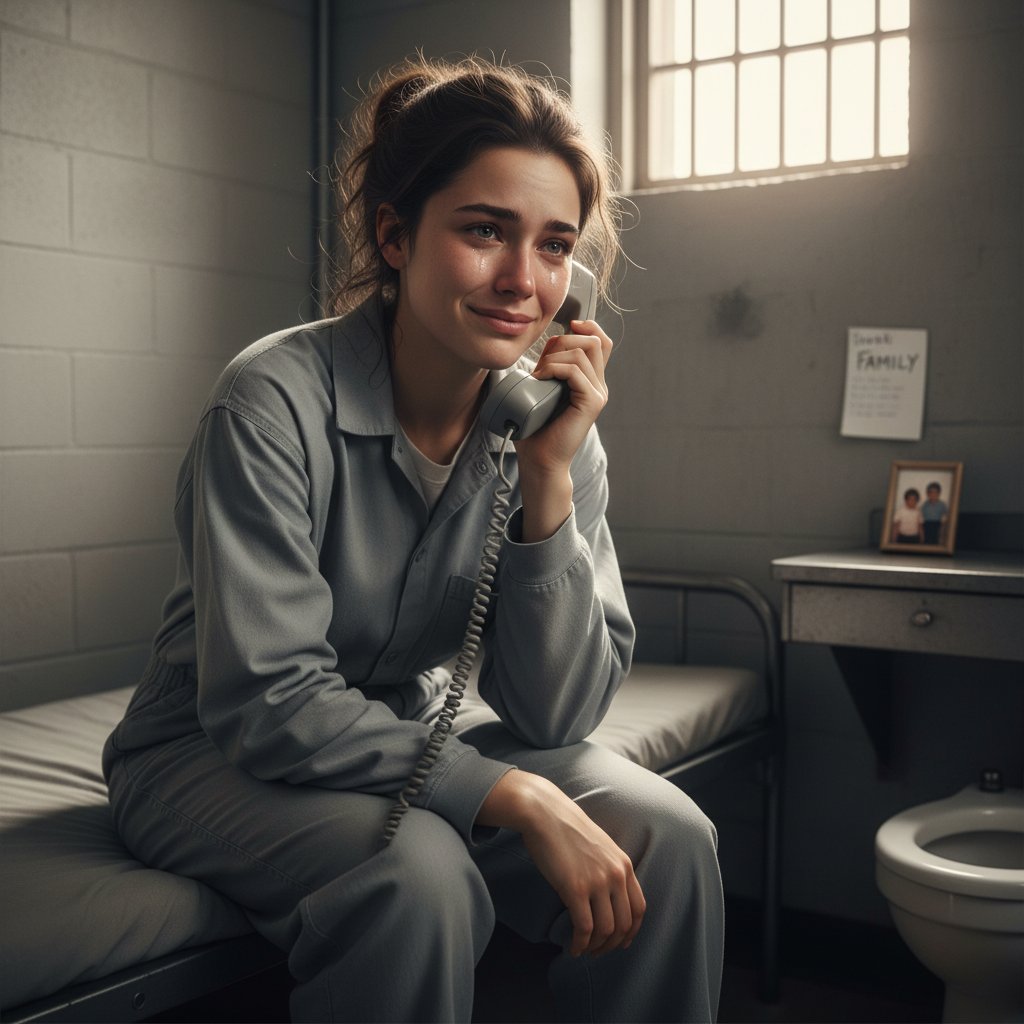 Zatrzymany w celi, rozmawiający przez telefon z rodziną, widoczne emocje ulgi