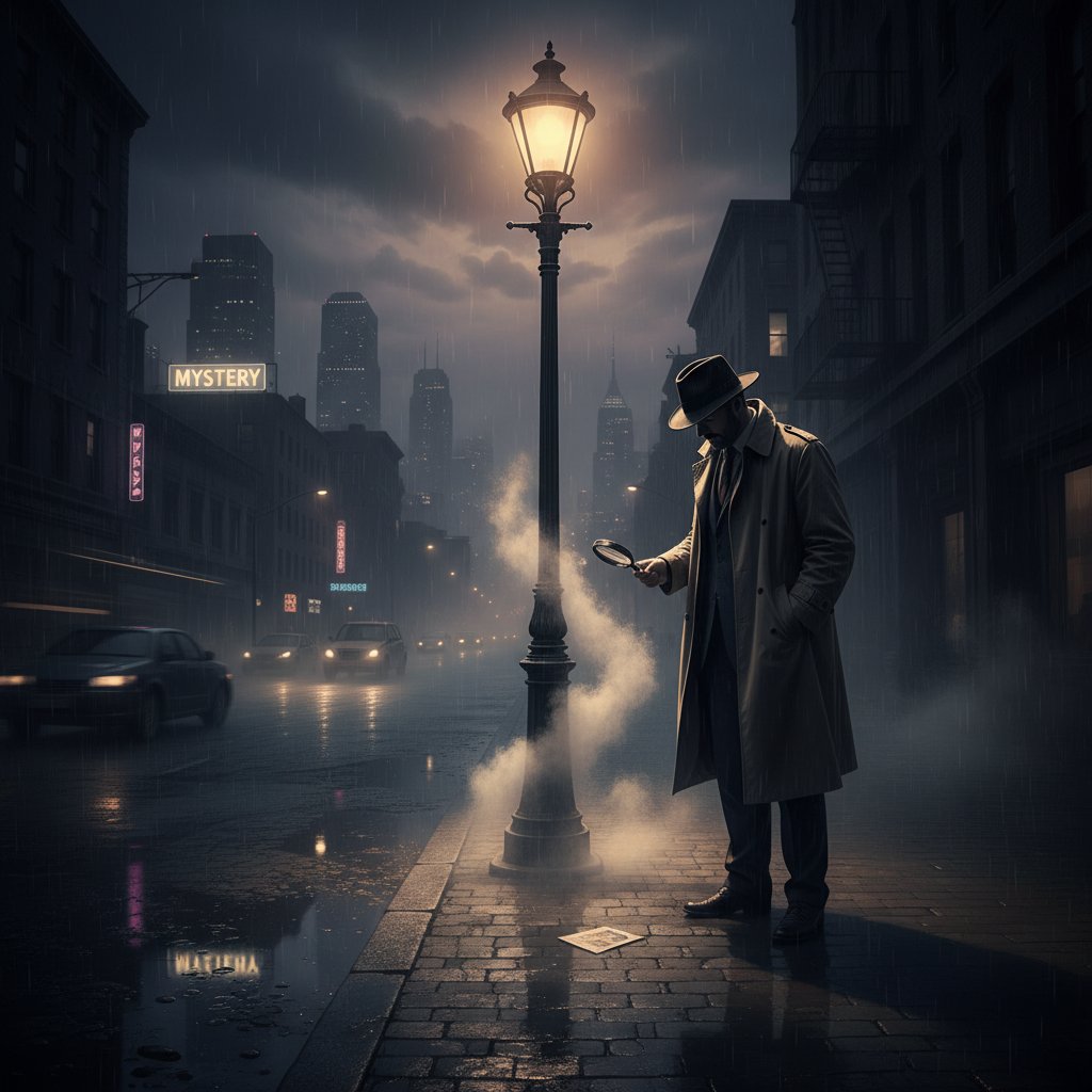 Detective standing alone under a streetlight in a dark city, symbolizing the allure of mystery and classic detective cinema