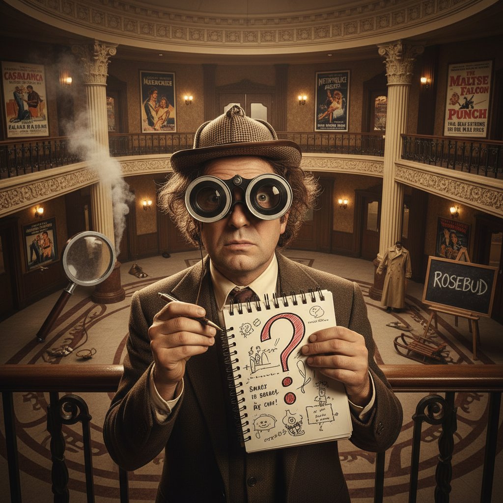 Detective-style viewer with notepad, decoding comedy film homage clues, classic cinema references