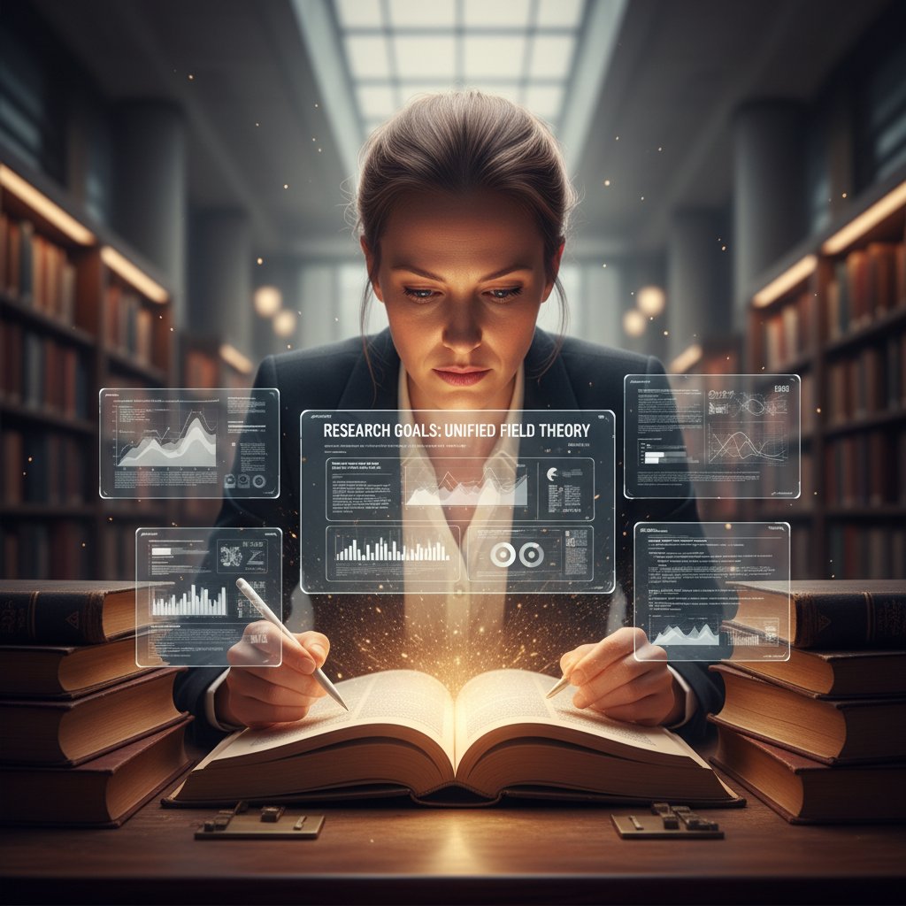 Determined academic walking a path lined with illuminated books and digital screens, symbolizing clarity and progress in research goals