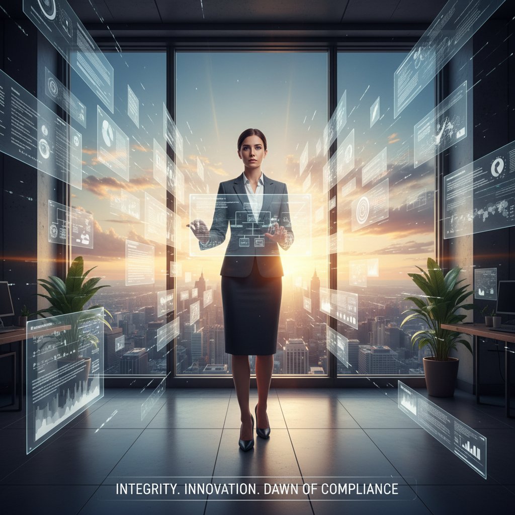 Determined compliance officer with digital documents, silhouetted against city skyline at dawn, inspirational edgy style.