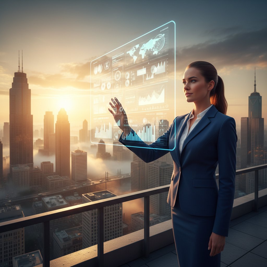 Przedsiębiorca patrzący w przyszłość z raportem online i cyfrowymi wykresami na tle miasta o wschodzie słońca