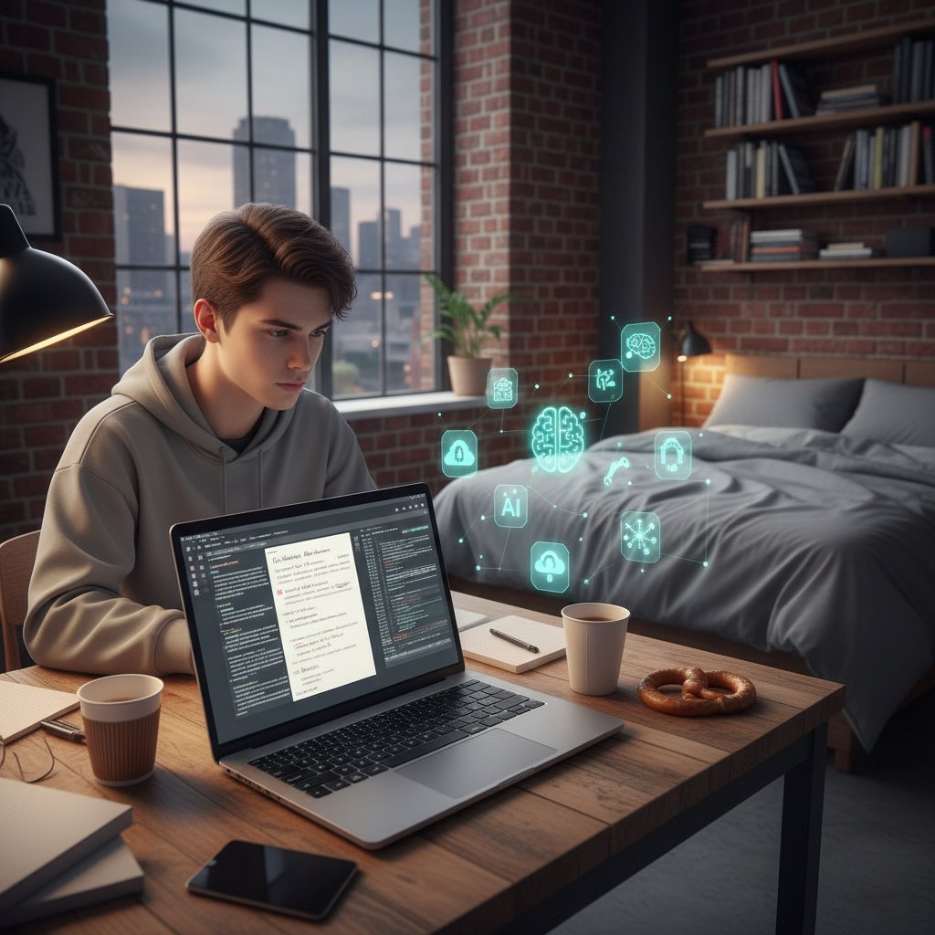 Junger, entschlossener Schüler lernt nachts am Laptop, digitale Notizen und KI-Symbole umgeben ihn, urbanes Zimmer, starke Kontraste
