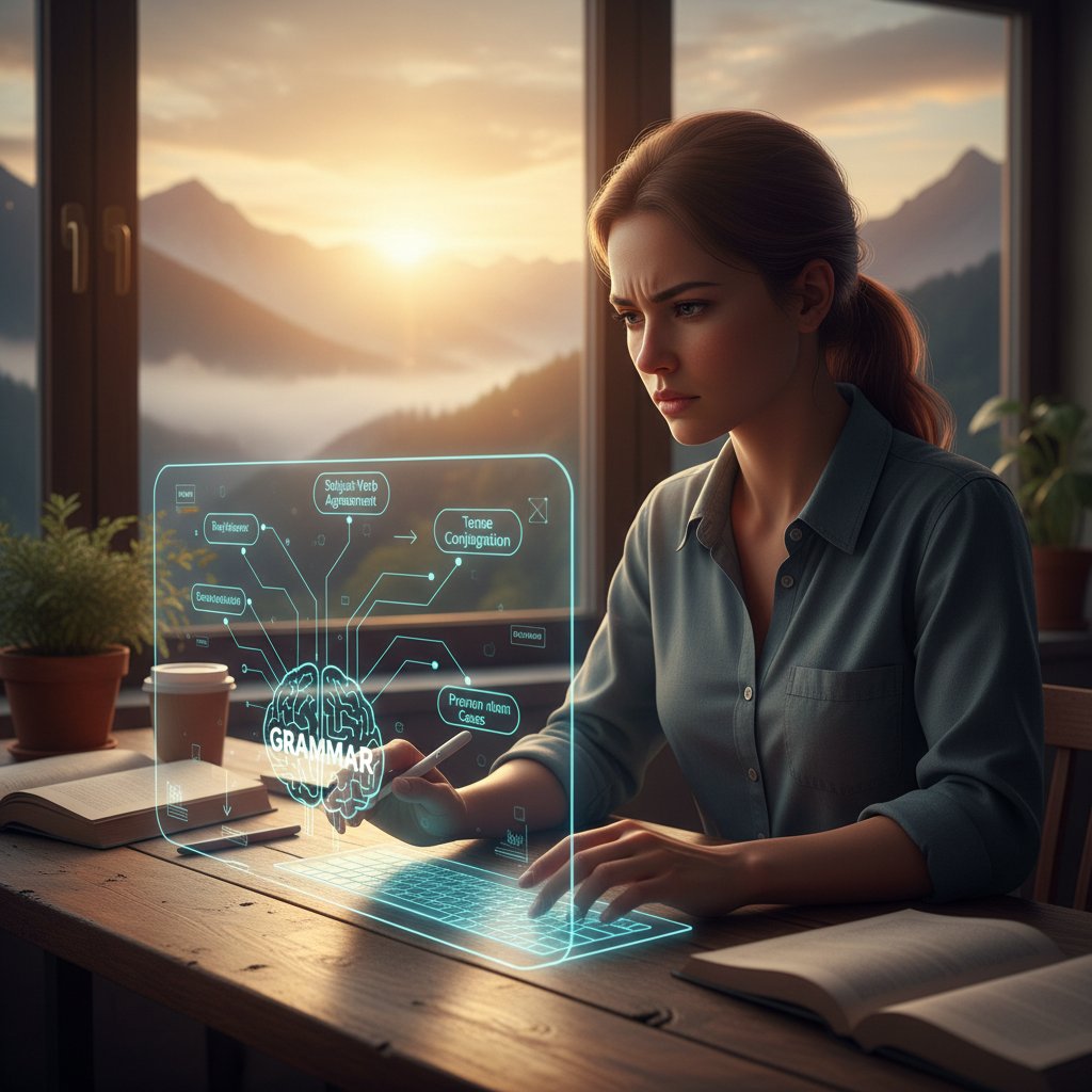 Zdeterminowany uczeń idący ku wschodowi słońca z cyfrowymi notatkami do gramatyki niemieckiej – symboliczny nowy początek